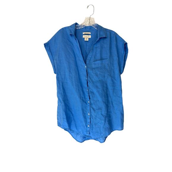 Rachel Zoe Linen Shirt Blue Button Up Casual Short Sleeve Lagenlook Medium - Picture 1 of 11